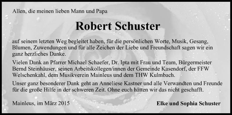  Traueranzeige für Robert Schuster vom 28.03.2015 aus MGO