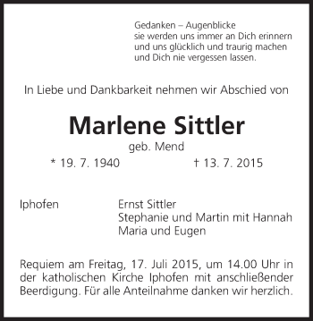 Anzeige von Marlene Sittler von MGO