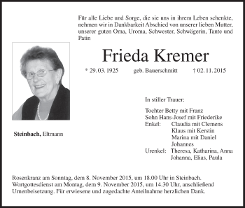 Anzeige von Frieda Kremer von MGO