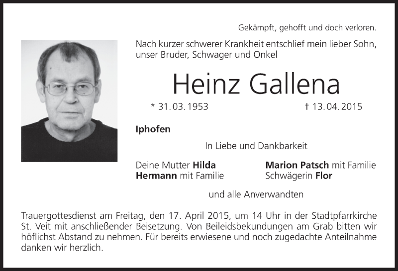  Traueranzeige für Heinz Gallena vom 15.04.2015 aus MGO