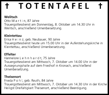 Anzeige von Totentafel vom 06.10.2015 von MGO