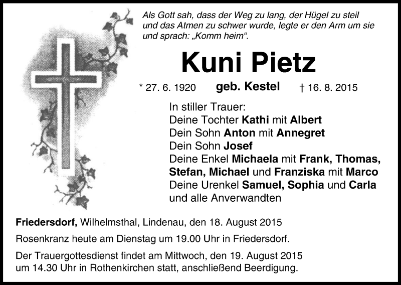  Traueranzeige für Kuni Pietz vom 18.08.2015 aus MGO