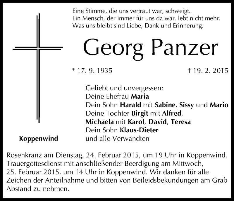  Traueranzeige für Georg Panzer vom 21.02.2015 aus MGO