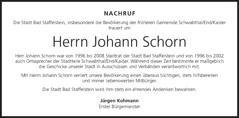  Traueranzeige für Johann Schorn vom 07.11.2015 aus MGO