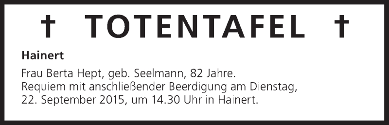  Traueranzeige für Totentafel vom 22.09.2015 vom 22.09.2015 aus MGO