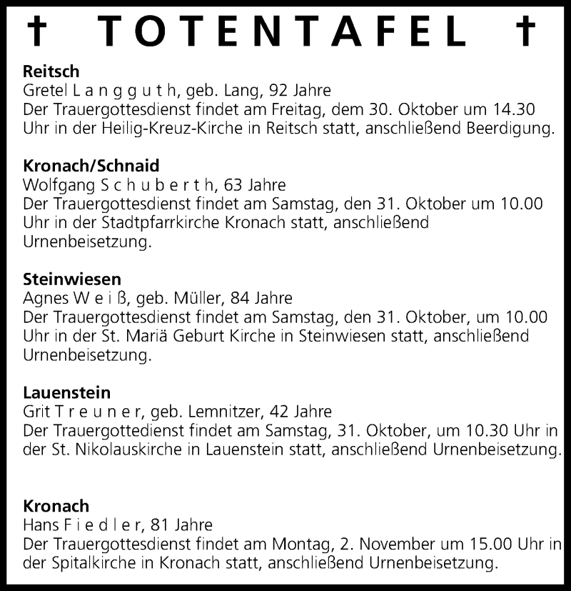  Traueranzeige für Totentafel vom 30.10.2015 vom 30.10.2015 aus MGO