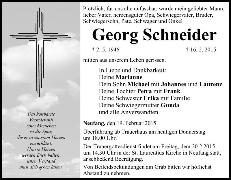  Traueranzeige für Georg Schneider vom 19.02.2015 aus MGO