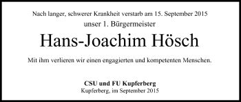 Anzeige von Hans-Joachim Hösch von MGO