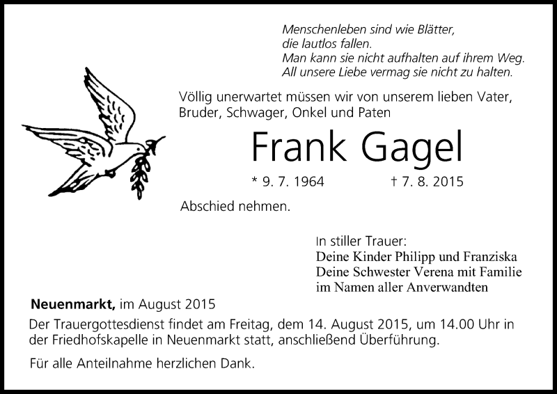  Traueranzeige für Frank Gagel vom 13.08.2015 aus MGO