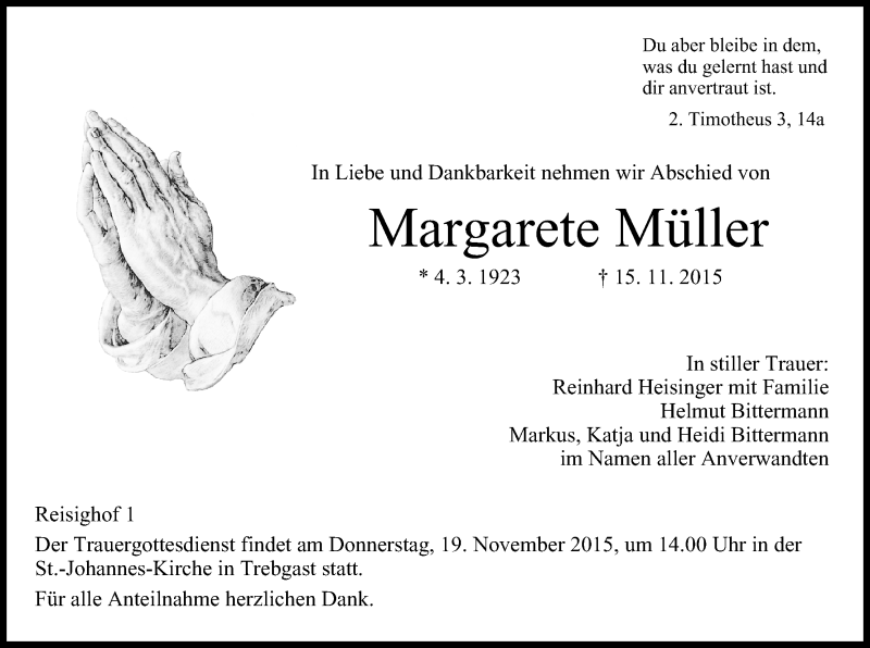  Traueranzeige für Margarete Müller vom 17.11.2015 aus MGO