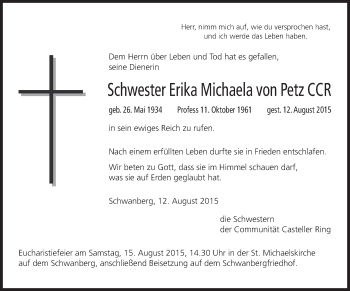 Anzeige von Erika Michaela von Petz von MGO