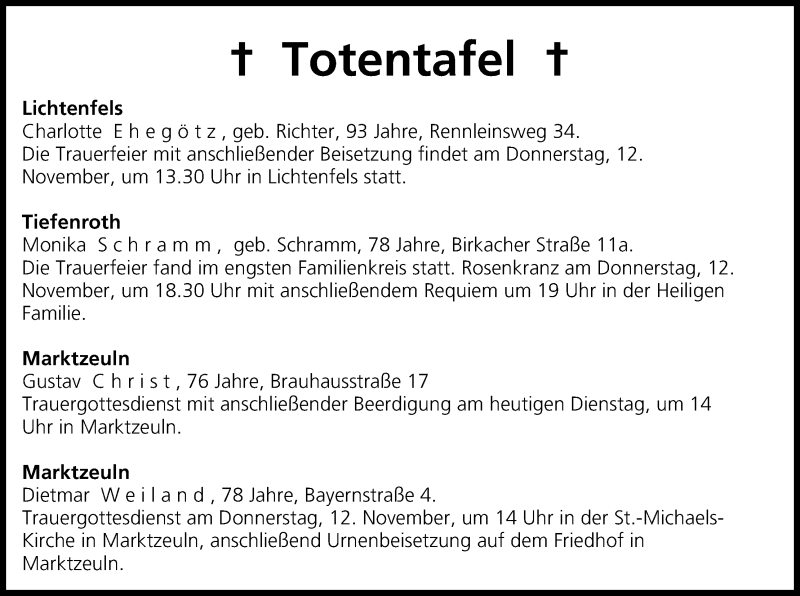  Traueranzeige für Totentafel vom 10.11.2015 vom 10.11.2015 aus MGO