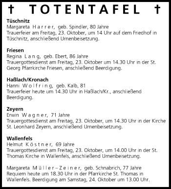 Anzeige von Totentafel vom 22.10.2015 von MGO