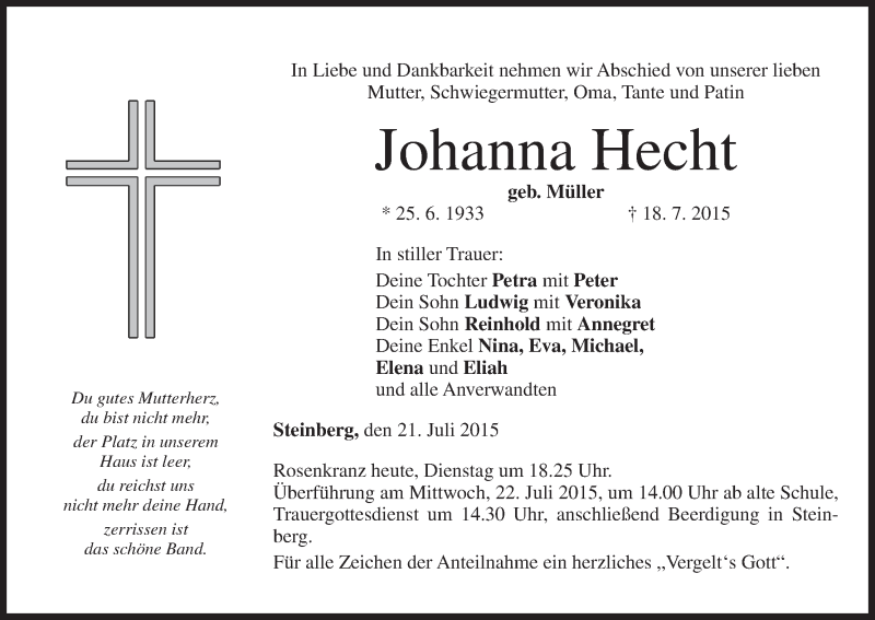 Traueranzeige für Johanna Hecht vom 21.07.2015 aus MGO