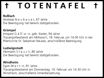 Anzeige von Totentafel vom 17.02.2015 von MGO