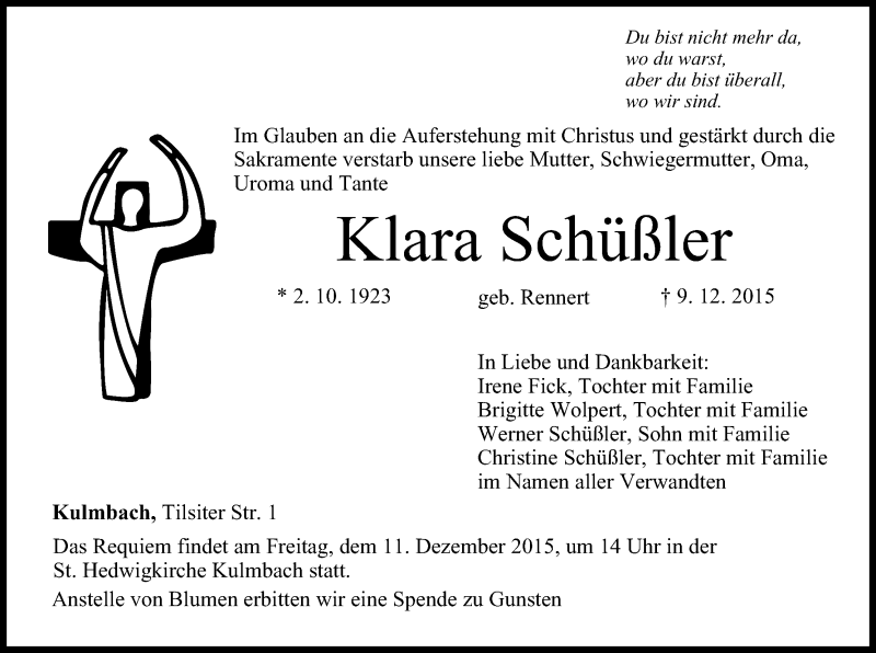  Traueranzeige für Klara Schüßler vom 10.12.2015 aus MGO