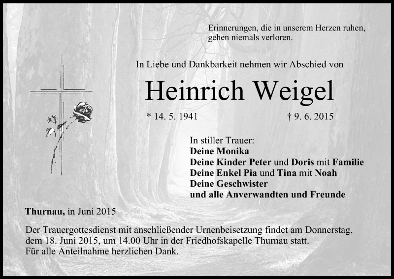  Traueranzeige für Heinrich Weigel vom 15.06.2015 aus MGO