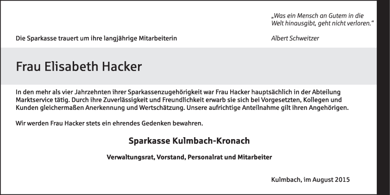  Traueranzeige für Elisabeth Hacker vom 20.08.2015 aus MGO