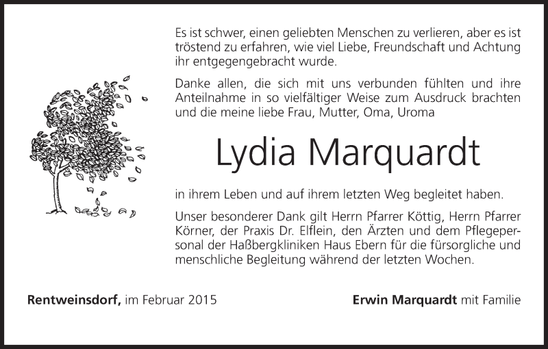  Traueranzeige für Lydia Marquardt vom 07.02.2015 aus MGO