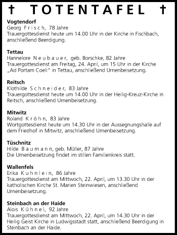 Anzeige von Totentafel vom 21.04.2015 von MGO