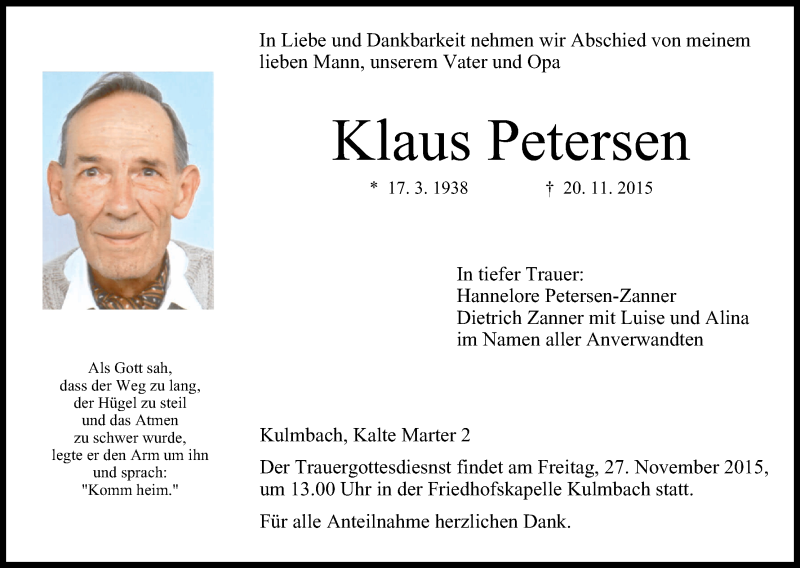  Traueranzeige für Klaus Petersen vom 24.11.2015 aus MGO