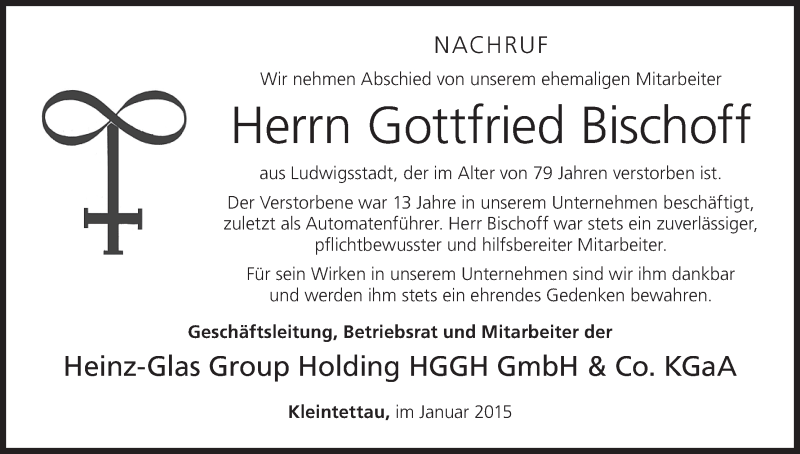  Traueranzeige für Gottfried Bischoff vom 16.01.2015 aus MGO