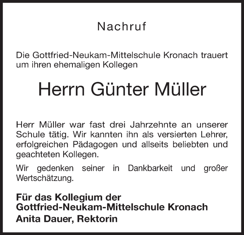  Traueranzeige für Günter Müller vom 21.07.2015 aus MGO