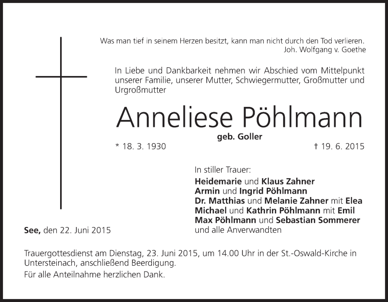  Traueranzeige für Anneliese Pöhlmann vom 22.06.2015 aus MGO