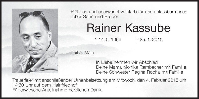  Traueranzeige für Rainer Kassube vom 31.01.2015 aus MGO