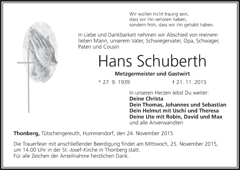  Traueranzeige für Hans Schuberth vom 24.11.2015 aus MGO
