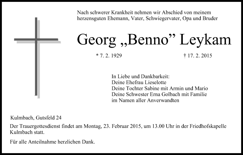 Traueranzeige für Georg Benno Leykam vom 21.02.2015 aus MGO