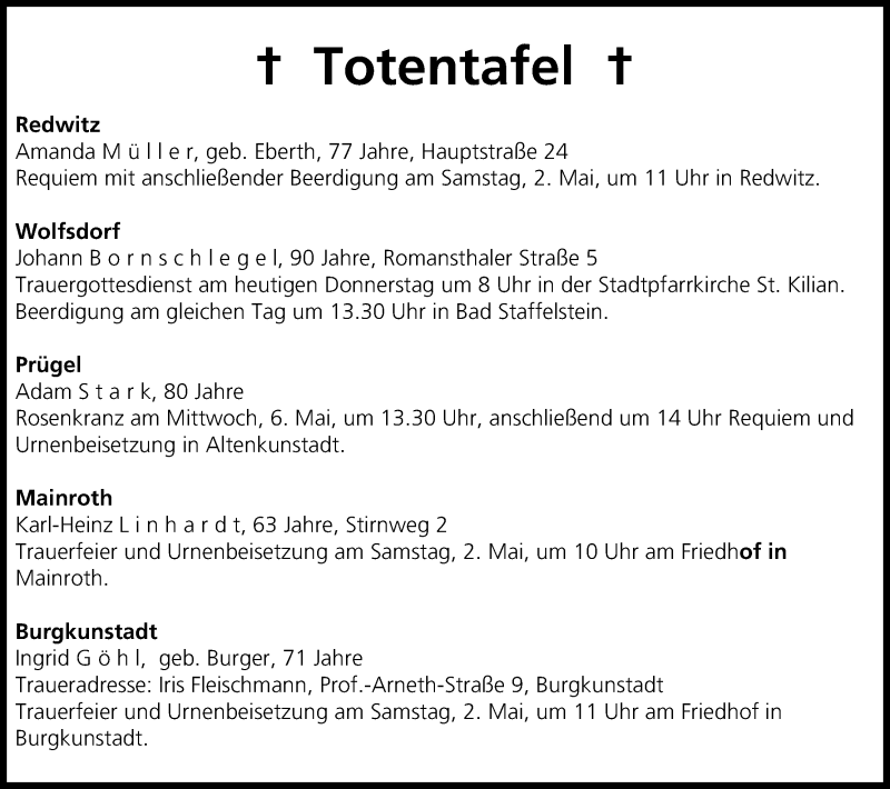  Traueranzeige für Totentafel vom 30.04.2015 vom 30.04.2015 aus MGO