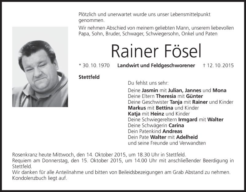  Traueranzeige für Rainer Fösel vom 14.10.2015 aus MGO