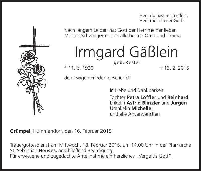 Traueranzeige für Irmgard Gäßlein vom 16.02.2015 aus MGO