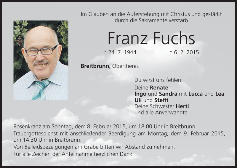 Traueranzeige für Franz Fuchs vom 07.02.2015 aus MGO