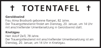 Anzeige von Totentafel vom 19.01.2015 von MGO