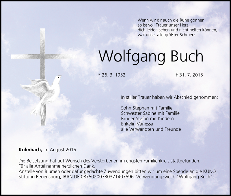  Traueranzeige für Wolfgang Buch vom 11.08.2015 aus MGO