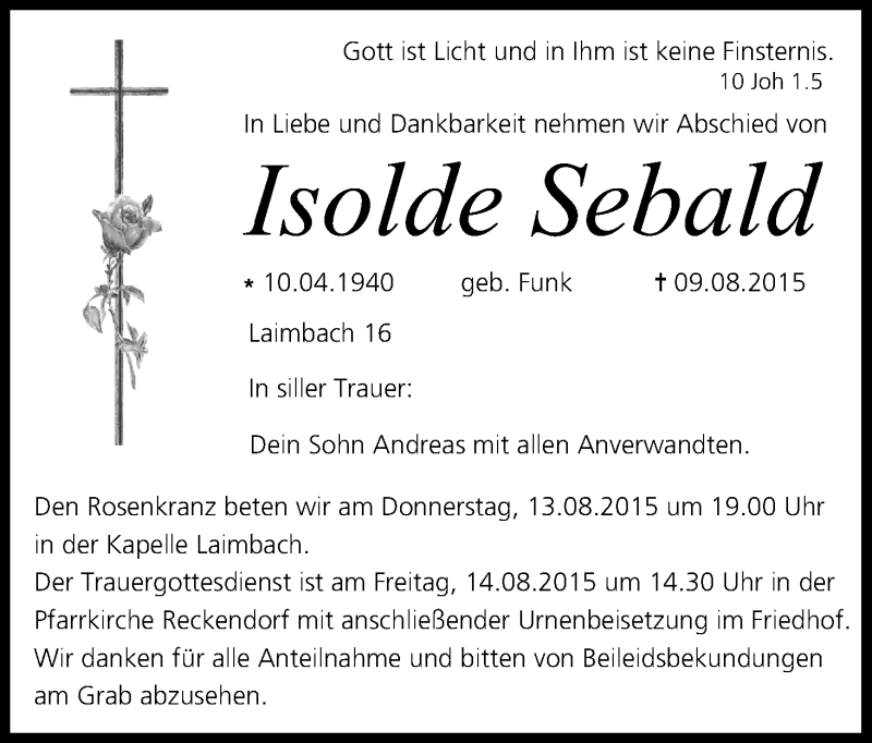  Traueranzeige für Isolde Sebald vom 12.08.2015 aus MGO
