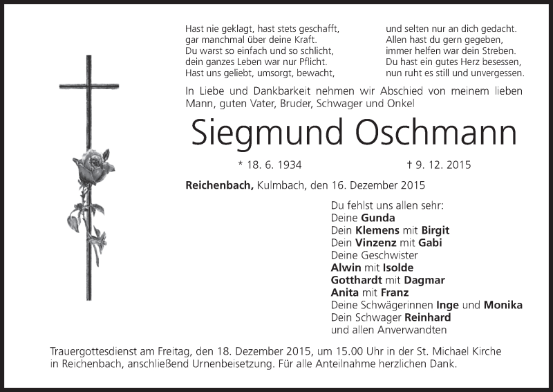  Traueranzeige für Siegmund Oschmann vom 16.12.2015 aus MGO