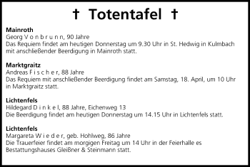 Anzeige von Totentafel vom 16.04.2015 von MGO