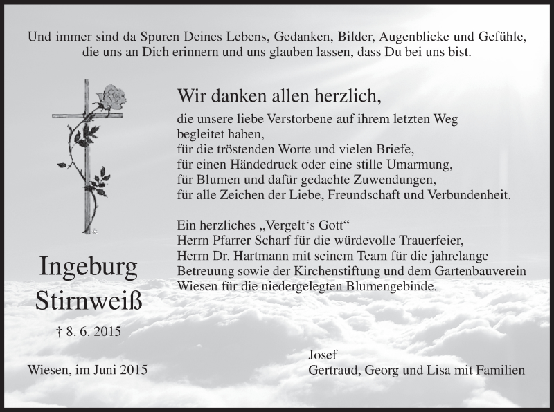  Traueranzeige für Ingeburg Stirnweiß vom 27.06.2015 aus MGO