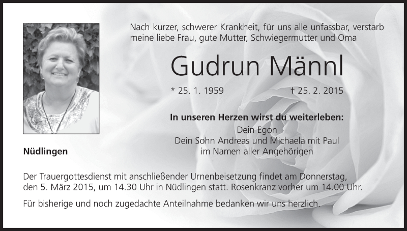  Traueranzeige für Gudrun Männl vom 04.03.2015 aus MGO