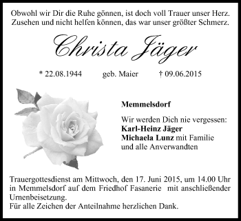 Anzeige von Christa Jäger von MGO