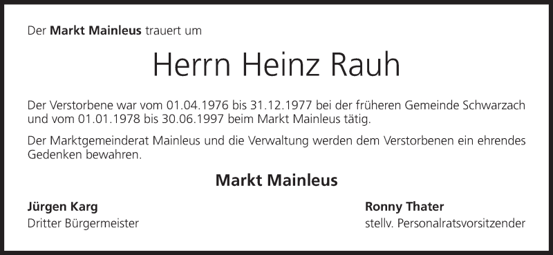  Traueranzeige für Heinz Rauh vom 17.08.2015 aus MGO