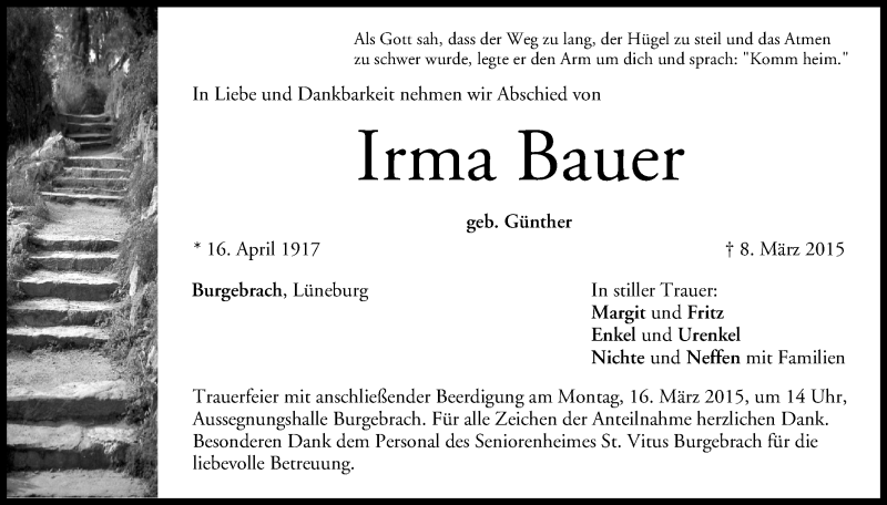  Traueranzeige für Irma Bauer vom 14.03.2015 aus MGO