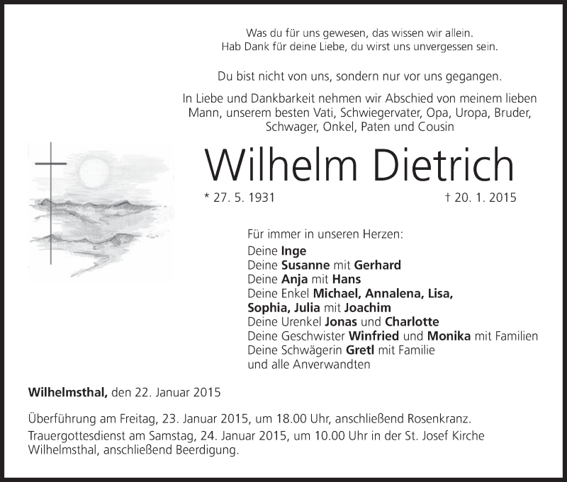  Traueranzeige für Wilhelm Dietrich vom 22.01.2015 aus MGO