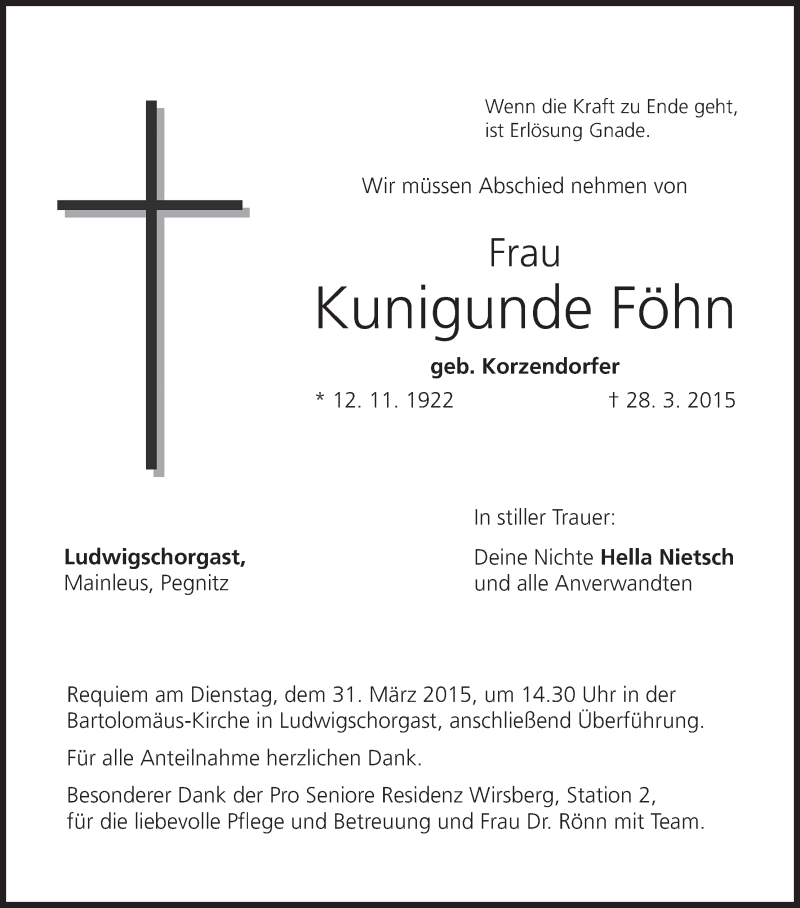  Traueranzeige für Kunigunde Föhn vom 30.03.2015 aus MGO