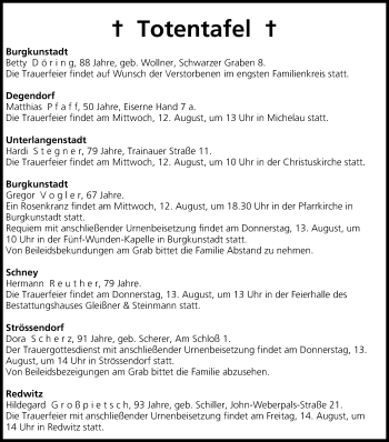 Anzeige von Totentafel vom 12.08.2015 von MGO
