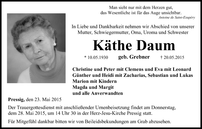  Traueranzeige für Käthe Daum vom 23.05.2015 aus MGO