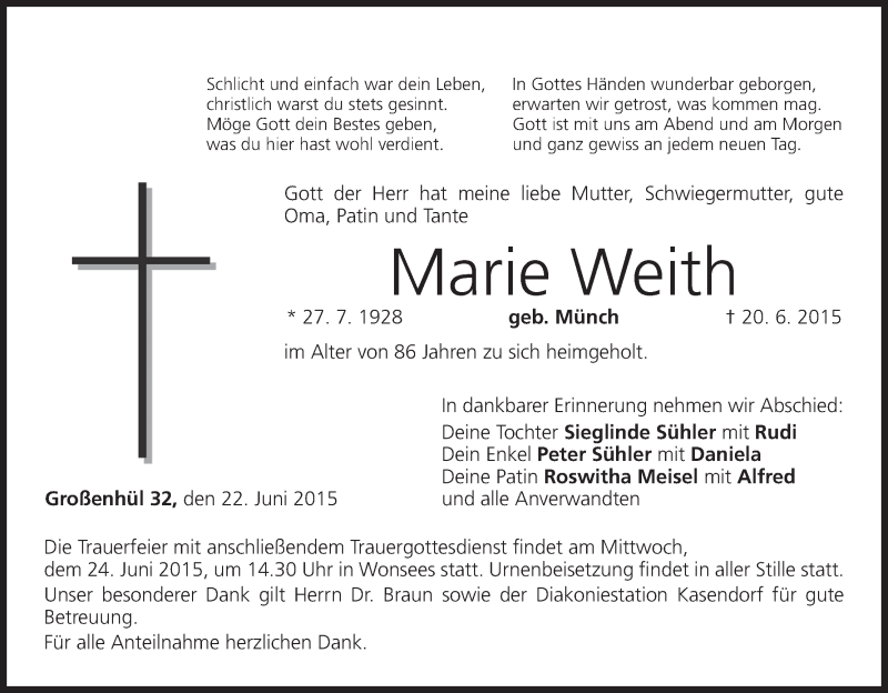  Traueranzeige für Marie Weith vom 22.06.2015 aus MGO